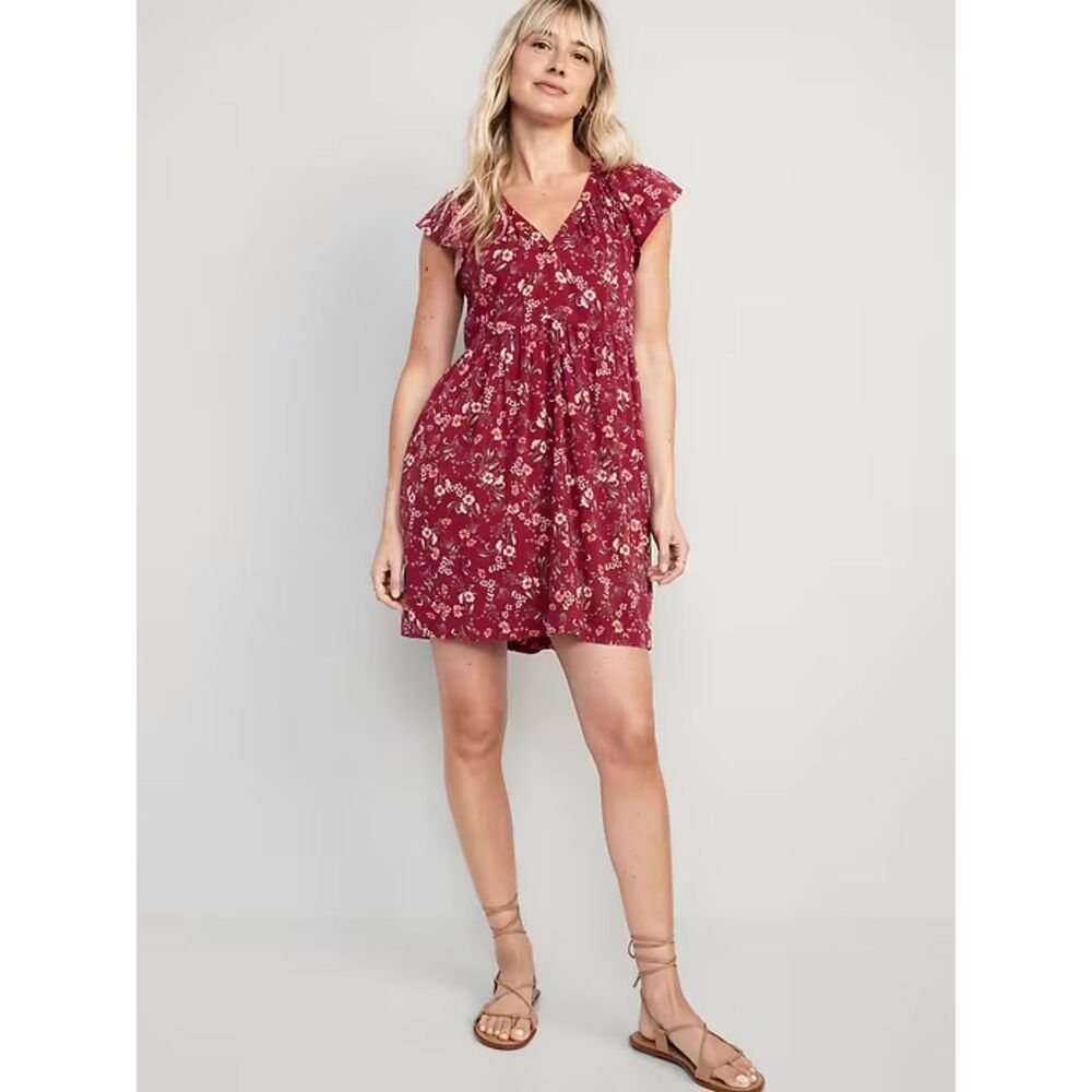 Old Navy Size Large Flutter-Sleeve Floral-Print Mini Swing Dress Burgundy